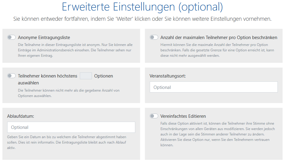 Eintrageliste Assistent - Erweiterte Optionen