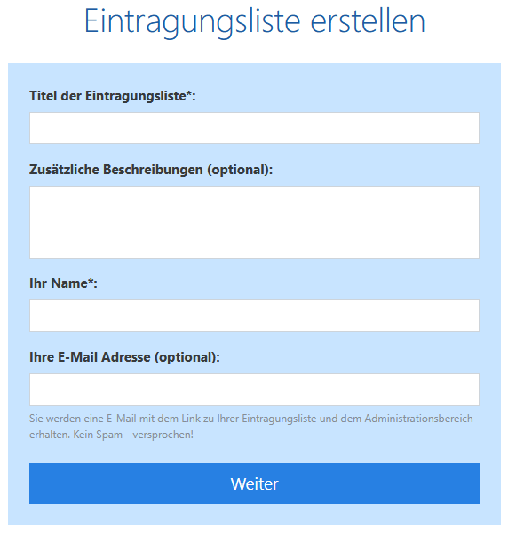 Eintrageliste Assistent - Details eingeben