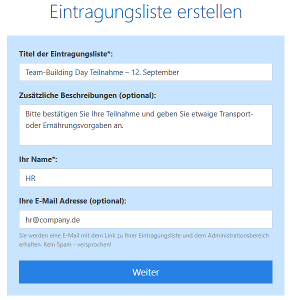 Team-Building Eintrageliste - Details eingeben