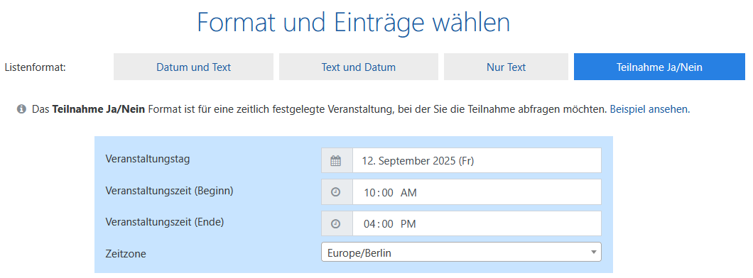 Team-Building Eintrageliste - Format auswählen