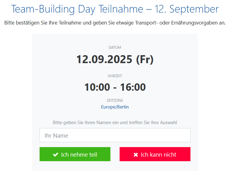 Team-Building Eintrageliste - Ansicht für Teilnehmer